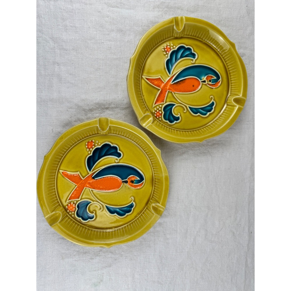 Vintage Japan Ceramic Bird Ashtray Set Pair Chartreuse Yellow MCM Retro 7.25"